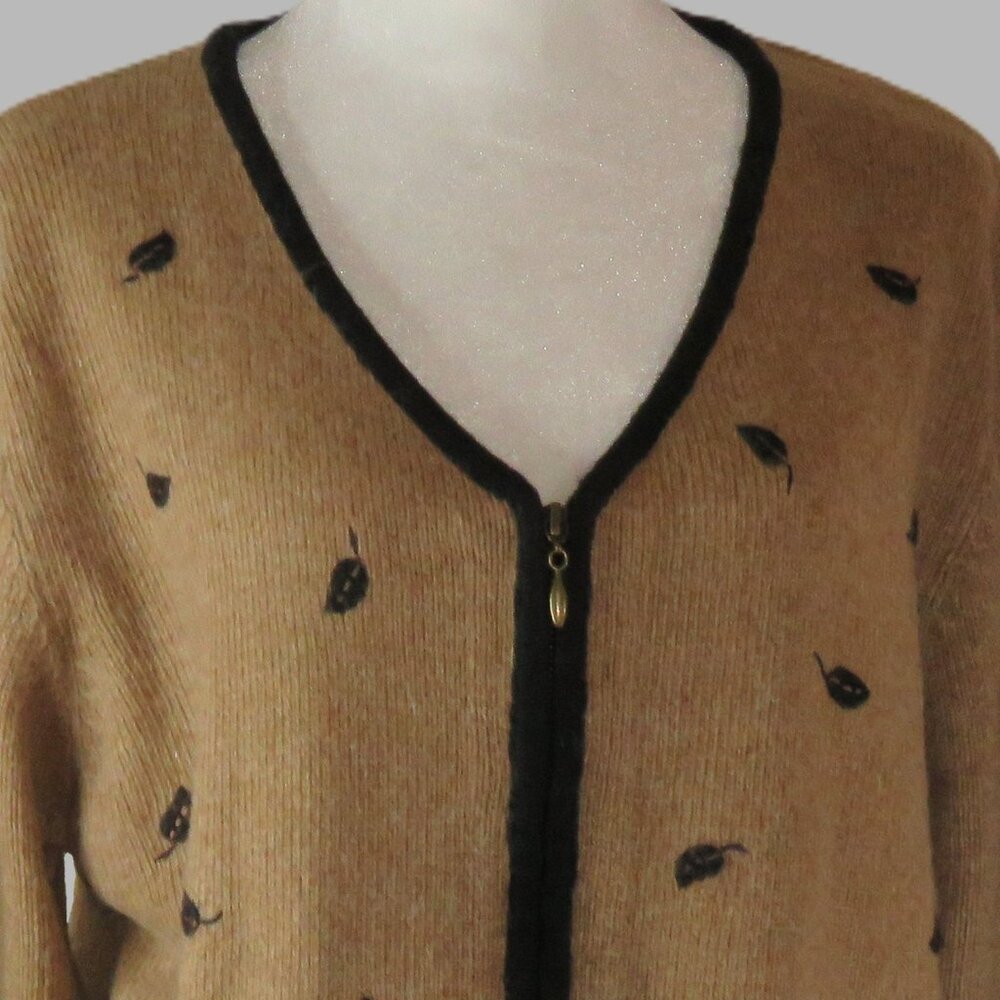Croft & Borrow Long Sleeve Full Zip Brown Embroidered Leaves Sweater Size M C763